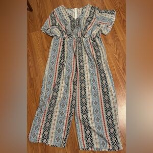 Emery Rose Bohemian Paisley Floral Striped Short Sleeve Jumpsuit